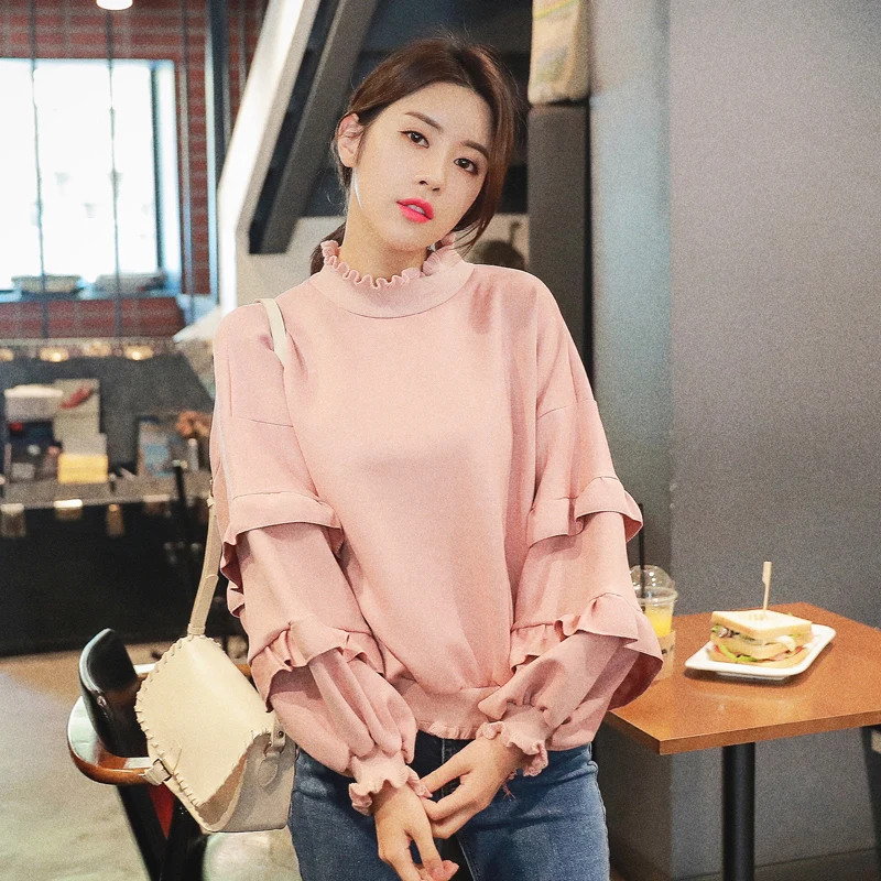 

Autumn Winter Sweatshirt Faux Suede Lantern Sleeve Loose Tops Women's Short Fleece Jacket Coats Korean Fashion Top Jumper
