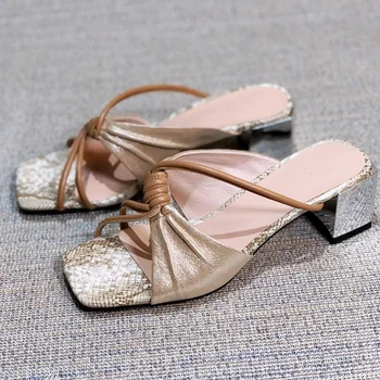 

Square Heel slipper women shoes sexy pink open toe high quality genuine leather beautiful sandals 2020 summer fashion shoes 42