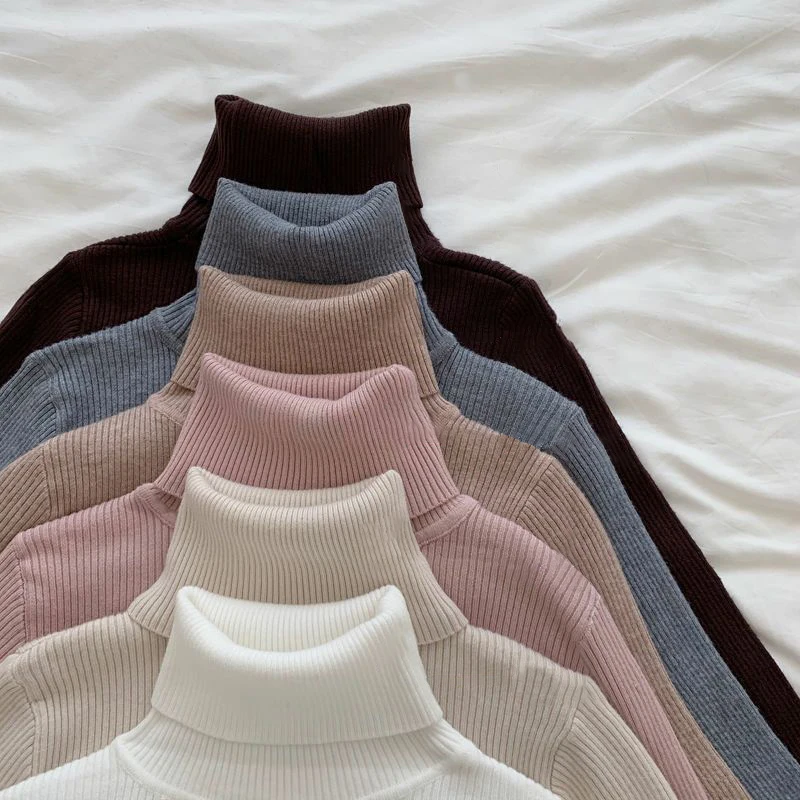 Jersey de cuello alto suéter de las mujeres de punto Otoño Invierno Jersey estriado suéter de manga larga gruesa Jersey cálido suave tirar suéteres para mujer