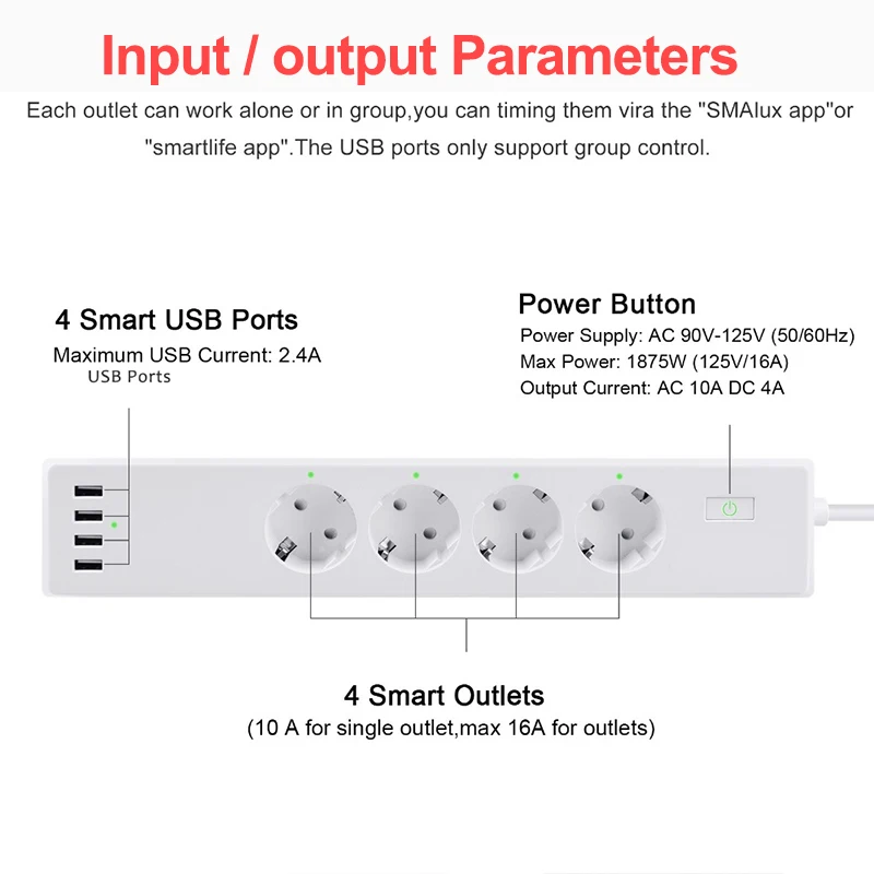 Wifi Smart Power Strip 4 EU Outlets Plug With 4 USB Port Timing App Voice Control Work With Amazon Alexa And Google Assistant