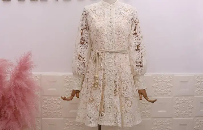 WHITNEY WANG Модное Элегантное открытое кружевное платье с рукавами-фонариками женское вечернее платье платья для вечеринок - Цвет: Бежевый