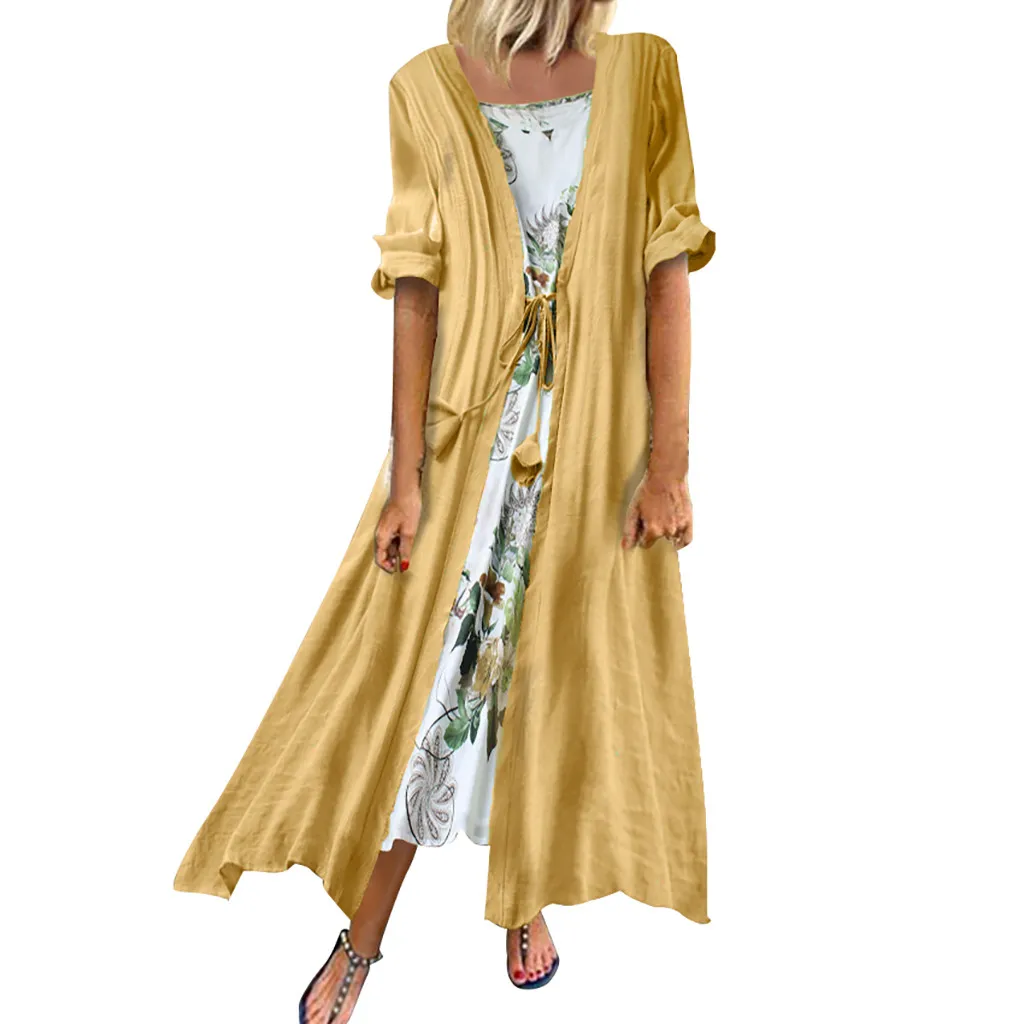 Льняное платье макси размера плюс, женское пляжное платье из двух частей с цветочным принтом и О-образным вырезом, с рукавом 3/4