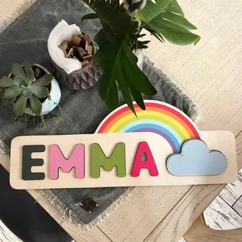

Custom Baby Rainbow wosden Name Puzzle gift personalized Christmas Present Toddler Baptism Nursery Decor birthday gift toys