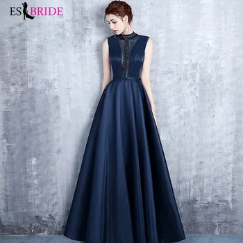 

Elegant Navy Blue Evening Dresses ES3110 Beading High-Neck Sleeveless Long Satin Evening Gowns Vestidos Largos 2019