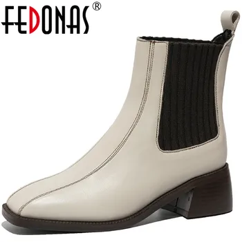 

FEDONAS Classic Square Toe Shoes Woman Elastic Band Thick Heels Shoes For Women 2020 Fall Winter Working Party Ankle Boots Heels