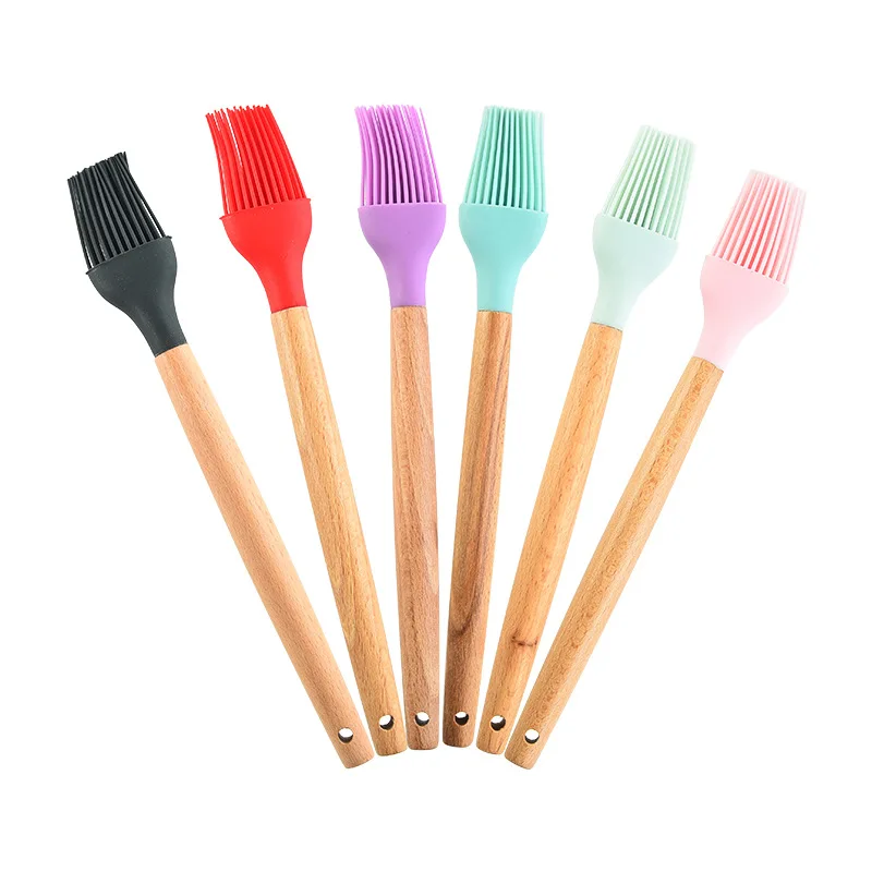 1PC Silicone BBQ Oil Basting Brush with Wood Handle Cake Bread Cream Cooking Brushes Baking Barbecue Kitchen Accessories Silicone Basting Brush