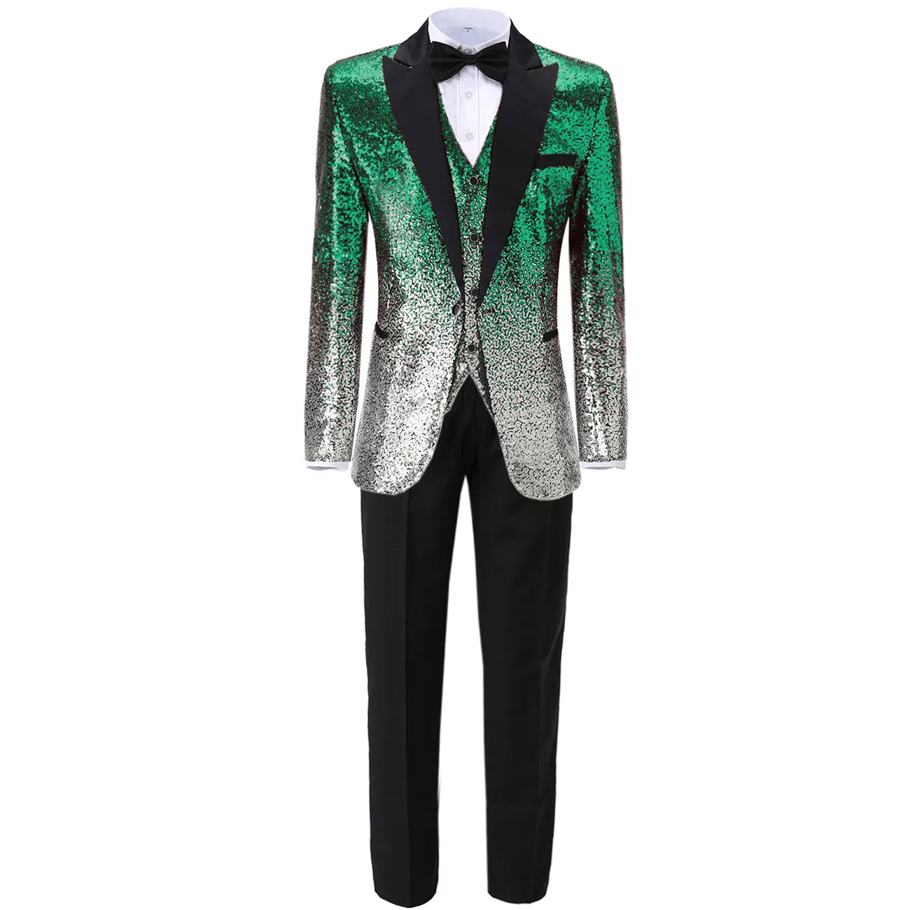 Мужской костюм с пайетками из 3 предметов, блестящий приталенный смокинг, пиковый лацкан с тупым углом, вечерние, свадебные, для жениха, для банкета, ночного клуба(Блейзер+ жилет+ брюки - Цвет: Green-Silver