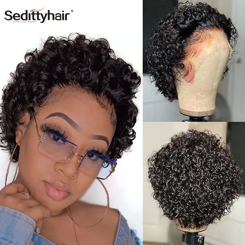 Corte Pixie-Peluca de cabello humano rizado con encaje frontal, pelo afro corto, corte Bob, predespuntado
