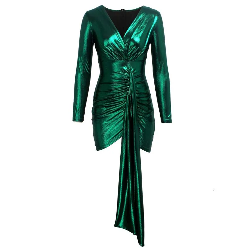 Женское сексуальное блестящее платье с v-образным вырезом и длинным рукавом, блестящие вечерние клубные платья, облегающее мини-платье, вечернее сексуальное платье - Цвет: Зеленый