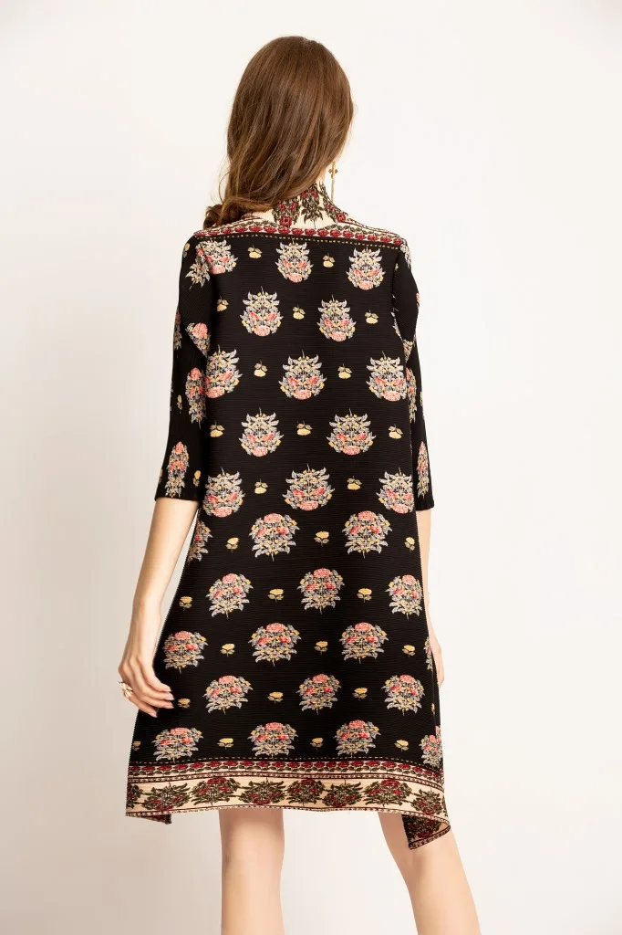 High neck print dress middle sleeve digital flower print loose dresses