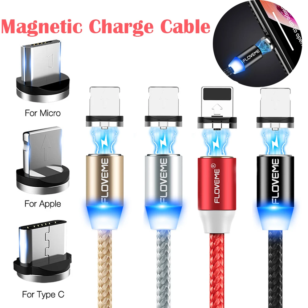 

FLOVEME 1M Magnetic Charging Cable for All Mobile Phone Models Micro USB Line Magnet Charger USB C-type Cable LED Charging Cable