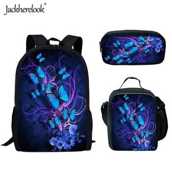 

Jackherelook 2020 New Fashion Back to School Purple Butterfly Printed Boys Girls 3Sets Schoolbags Rucksack Large School Backpack