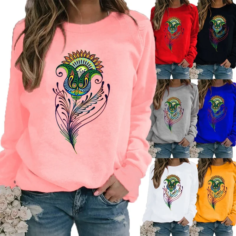 

Женская свободная рубашка с длинным рукавом, круглым вырезом и принтом