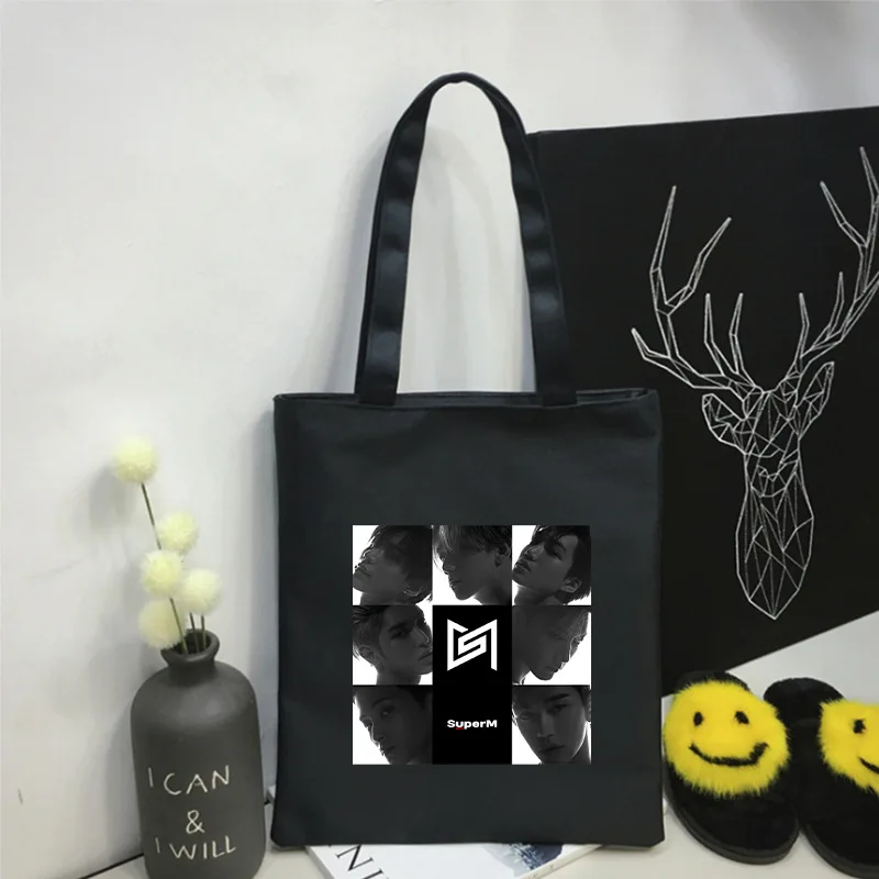 Kpop SuperM Print Canvas Shoulder Bag Handbag K-pop SuperM Zipper Storage Bag Shopping Bag Eco Bag Fans Collection Gift Dropship - Цвет: Black-B