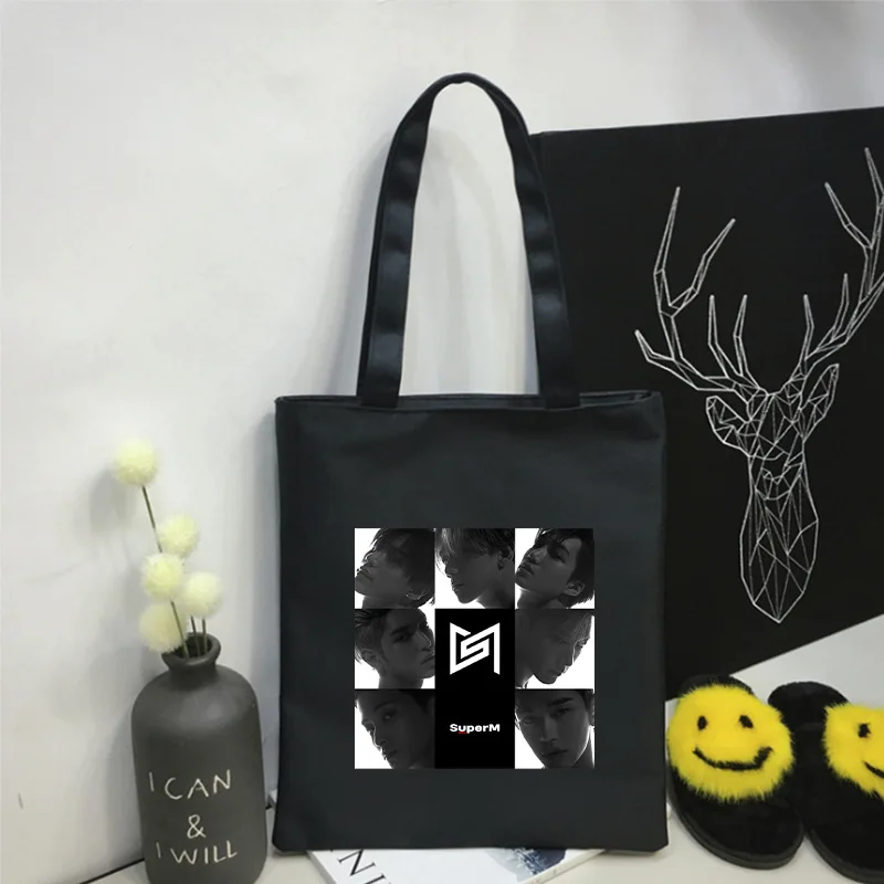 Black-B Kpop SuperM Print Canvas Shoulder Bag Handbag K-pop SuperM Zipper Storage Bag Shopping Bag Eco Bag Fans Collection Gift Dropship - Цвет: Black-B