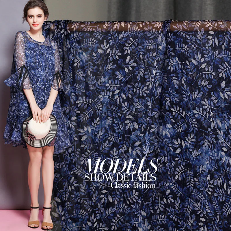 Ткань синий лист с принтом Crinkle шифон шелк тутового шелкопряда материалы летнее платье DIY Одежда ткани