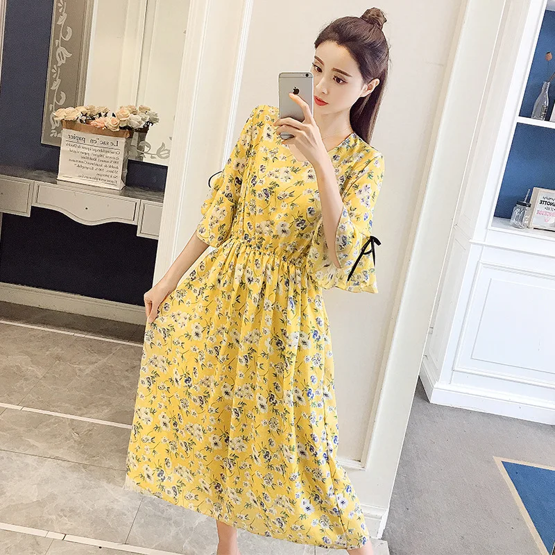 

Maternity Clothes 2019 Summer New Style Loose And Plus-sized Hipster Slimming Half-sleeve Shirt Floral-Print Chiffon Dress