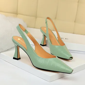 

2020 Women Summer 8cm High Heels Sandles Square Toe Slingback Shoes Green Yellow Leather Korean High Heels Designer Prom Pumps