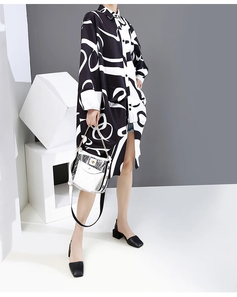 New Fashion Black And White Tie Dye Print Shirt Dress