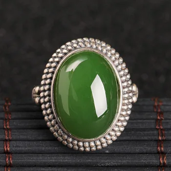 

Sterling Silver Set Jasper ring with certificate personality Turquoise atmosphere egg surface and Tian jade ring