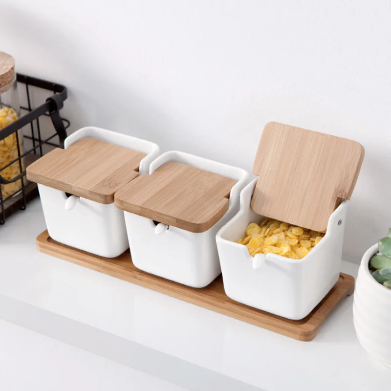 

4PCS/SET Japanese ceramic bamboo and wood seasoning spice storage container seasoning jar salt bowl ZP01261417