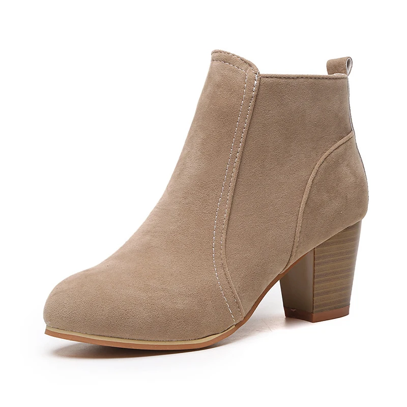 

COZULMA Women Sewing Side Zip Ankle Boots Shoes Lady Flock High Heel Boots Round Toe Bootie Plus Size 35-41