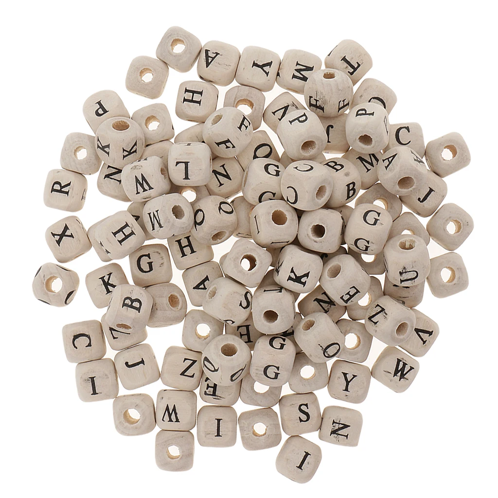 100 Piece Mini Wooden Alphabet Letters Printed Cube Beads for Jewelry Making Craft 10mm