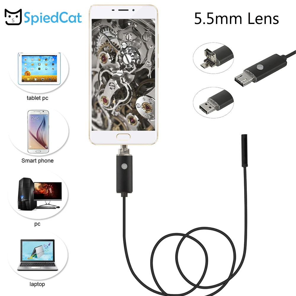 SPIED CAT Mini 5.5mm lens 6LED 2in1 Endoscope 2m Soft Cable Camera inspection Pipe micro USB For Android Phone PC Window