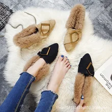 Новая осенне-зимняя женская обувь на плоской подошве, Baotou, металлическая обувь с хлопковой подкладкой теплые Нескользящие лоферы, Нескользящие меховые тапочки Z11-46