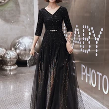 AE719 вечерние платья черные с блестками v-образный вырез сверкающие элегантные маленькие А-образные тюлевые длинные женские вечерние платья для выпускного вечера