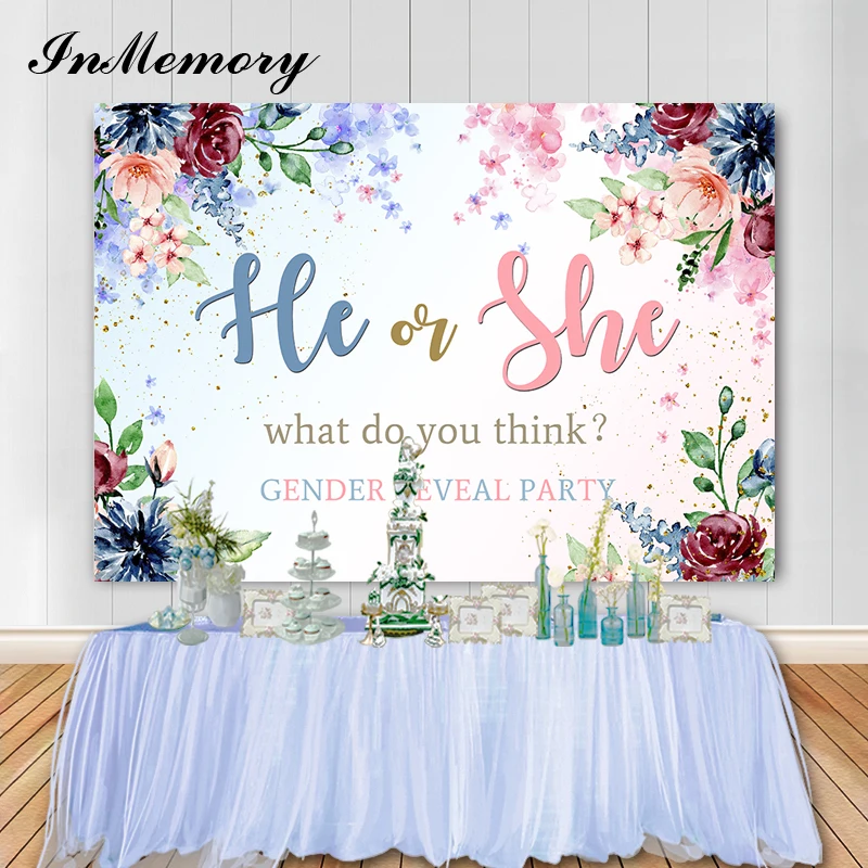 Inmemory Gender Reveal Background Flowers Glitter He Or She Boy Or Girl Baby Shower Party Decoration Background Table Banner