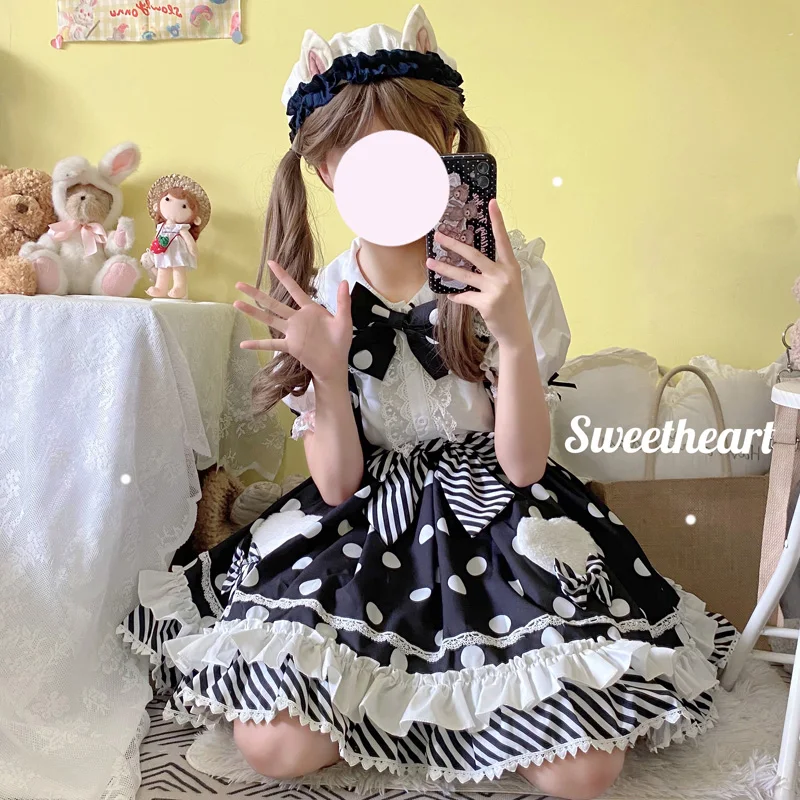 Sweet Jsk Lolita Dress Summer Japanese Bow Dots Ruffle Baby Doll Spaghetti Strap Dresses Women Fashion Kawaii Cute Clothing lolita dress lolita suspender dress lolita cosplay costumes