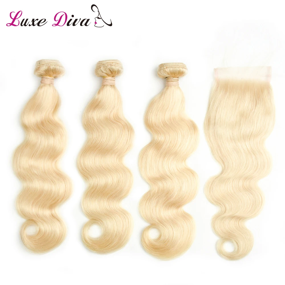 

Luxediva 613 Blonde Bundles With Closure Brazilian Body Wave Remy Human Hair Weave Bundles 613 Honey Blonde Bundles With Closure