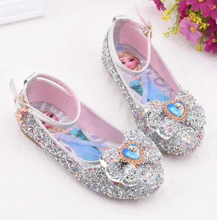 Детские туфли принцессы Эльзы; блестящие кожаные туфли для девочек; модные вечерние туфли с бантом для свадебного торжества; туфли на плоской подошве; Детские банкетные кроссовки