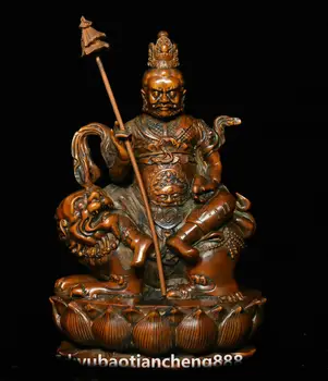 

wedding decoration Tibetans Buddhism Boxwood wood Carved Vaishravana On Lion Protector Deity Statue