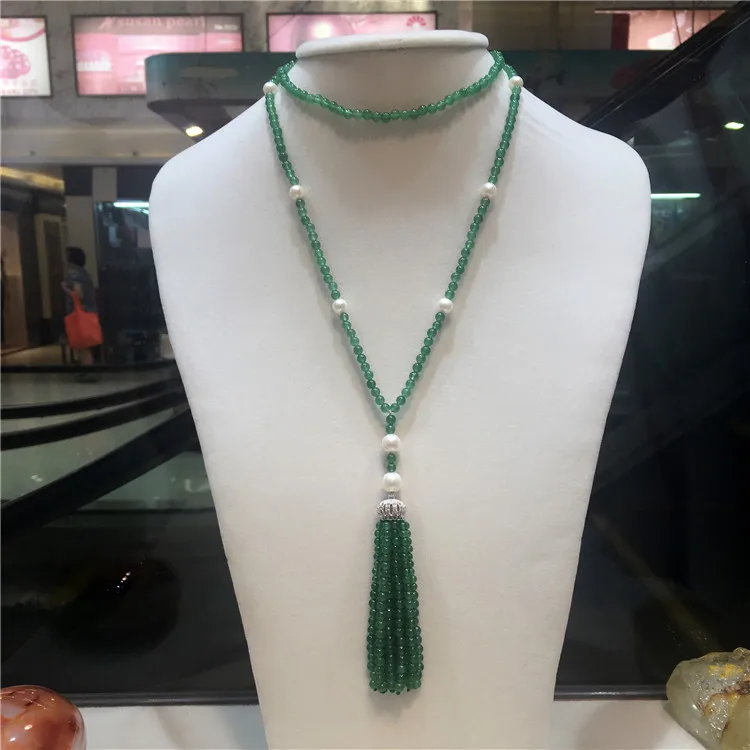 Hand knotted long natural green stone white freshwater pearl micro inlay zircon clasp tassel necklace fashion jewelry