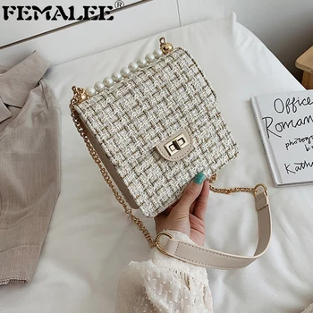 

Woolen Kniting Shoulder Bags For Women Winter Tweed Small Chain Crossbody Messenger Bag Lady Quality Pearls Handbags and Purses