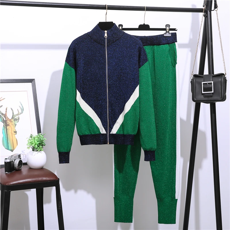 green Женский спортивный костюм, сверкающий свитер, комплекты костюмов, повседневные однотонные вязаные свитера, штаны, комплект из 2 предметов, повседневные трикотажные брюки+ кардиган, топы - Цвет: green