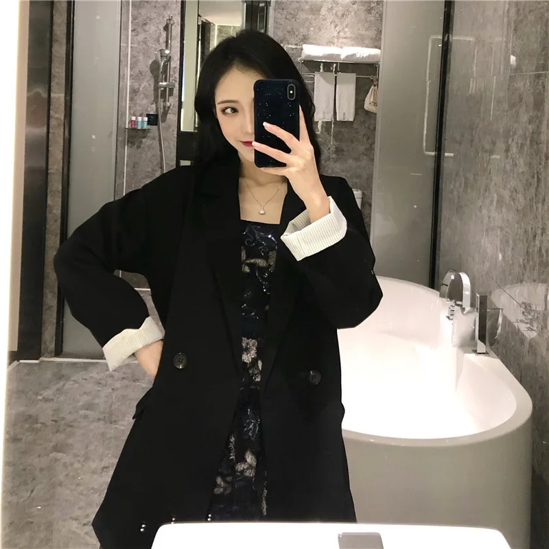 

Photo Shoot 2019 South Korea Spring Black And White with Pattern Small Suit Coat Korean-style Loose-Fit Mid-length Thin Fashion