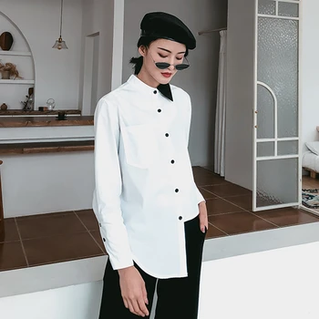 

Korean Asymmetrical Women's Shirt Lapel Collar Long Sleeve Side Split Irregular Blouse Female 2020 Fashion Clothes New T200