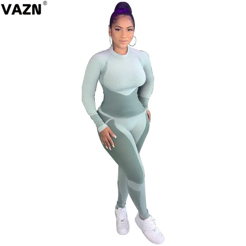 VAZN Top Design 2020 Autumn Sexy Lady 3 Colors 2-Piece Long Set Full Sleeve O-Neck Tees Tight Springy Pants Young Casual |