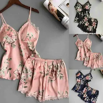 

2PCS Summer Women Silk Satin Lace Robe Shorts Sleepwear Babydoll Nightdress Pajamas Set