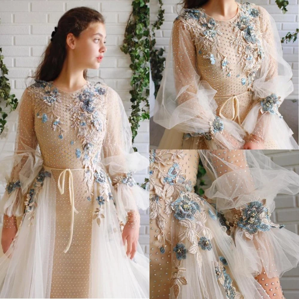 Beautiful Prom Dresses Ivory Handmade Flowers Beaded Overskirt Detachable Train Jewel Neck Long Sleeves A-line Formal Gown long sleeve formal dresses & gowns