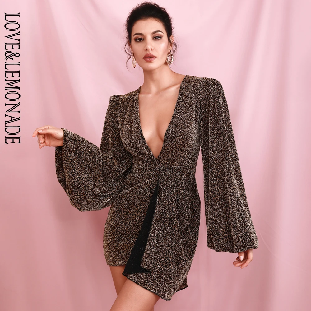 LOVE&LEMONADE Sexy Deep V-neck Large Lantern Long Sleeve Golden Leopard Print Elastic Party Mini Dress LM82238