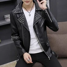 Xiu Luo прошитая кожаная куртка Мужская мотоциклетная куртка с заклепками на молнии зауженный пиджак с отворотами на шее из искусственной кожи байкерская куртка