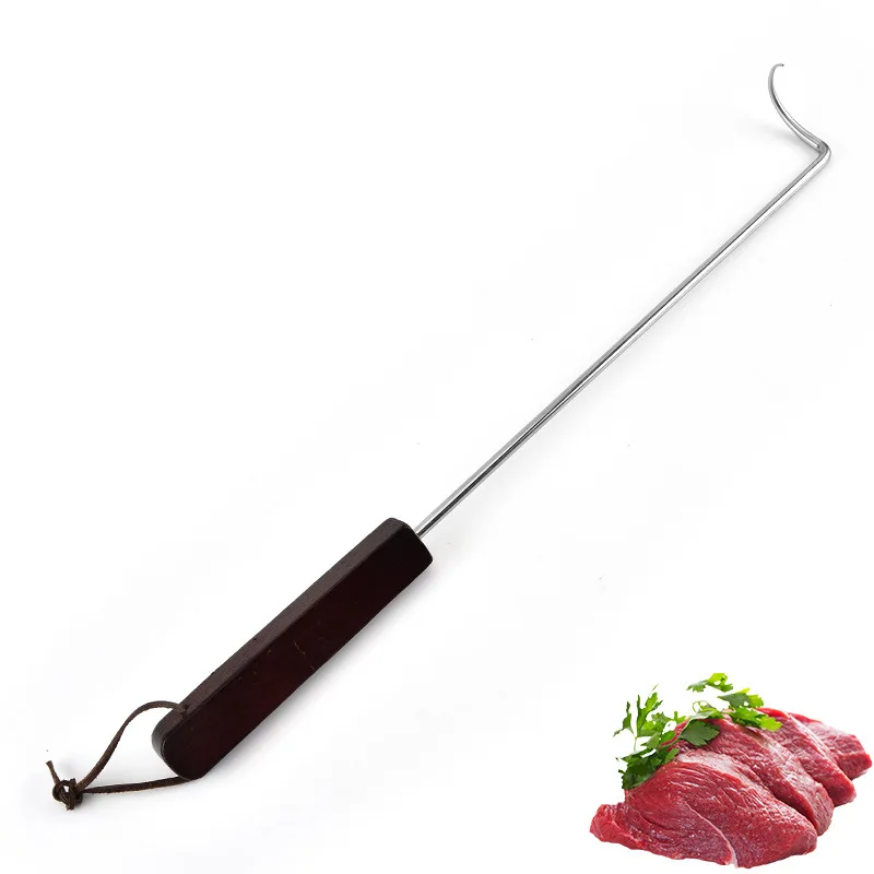 Food Flipper Meat Turning Tool BBQ Meat Turner Hook With Wooden Handle