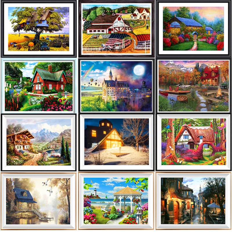 

5D DIY Diamond Painting Nature Landscape Full Round Drill Diamond Embroidery House Rainbow Mosaic Picture Of Rhinestones Artwork