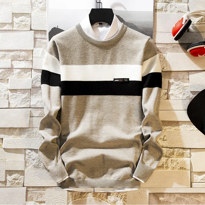 

2019 New Handsome Brand Sweater Casual Mens Pullover Striped Slim Fit Jumpers Knitted Woolen Soft Warm Mens Christmas Sweaters