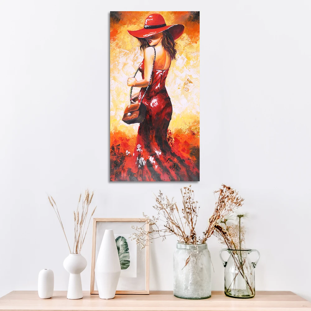 

Hot Hand-Painted Oil Painting Waterproof Unframed Abstract Lady in Red Dress Canvas Picture Wall Art Painting Decor 24 x 47 in