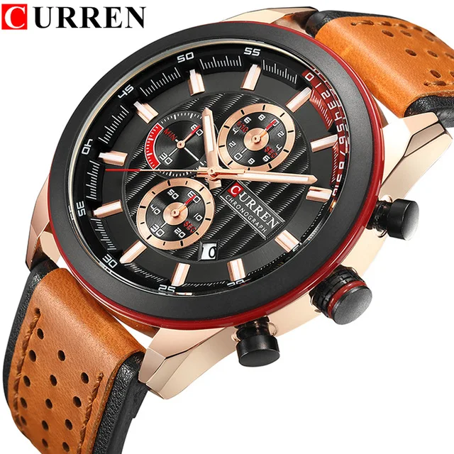 Relogio Masculino Curren Роскошные, Брендовые мужские спортивные часы кожаный ремешок Повседневный хронограф кварцевые наручные часы Дата мужские часы